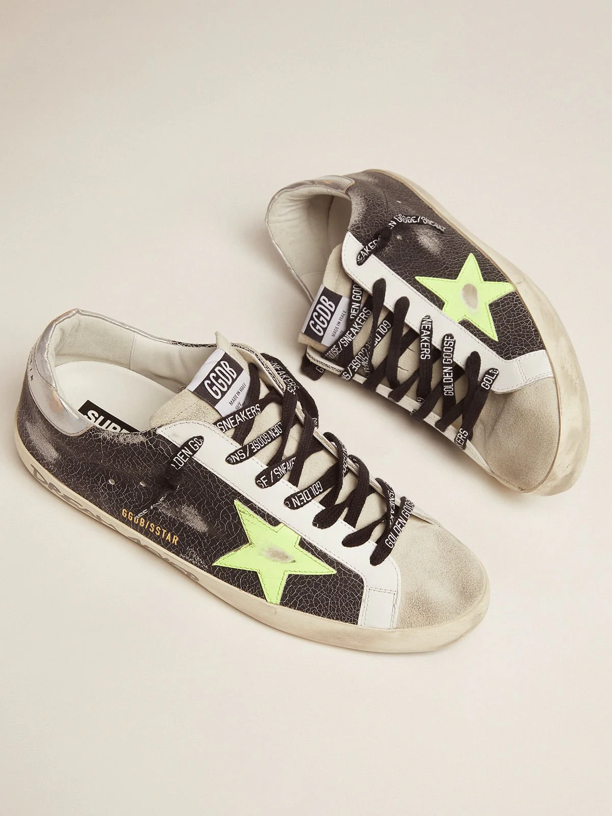 Men | Super-Star Sneakers with Handwritten Lettering & Fluorescent Yellow Star | Black x Ice x Yellow Fluo x Silver - Image 3