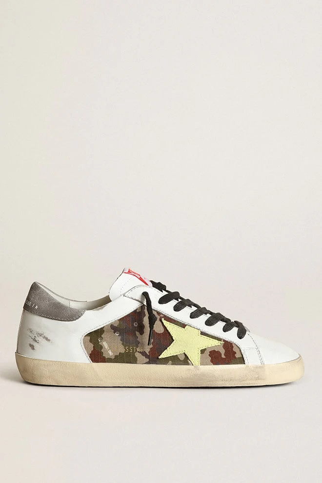 Men | Super-Star White Leather & Green Camouflage with Light Green Star & Grey Heel | Green Camouflage x White x Light Green x Mud - Image 3