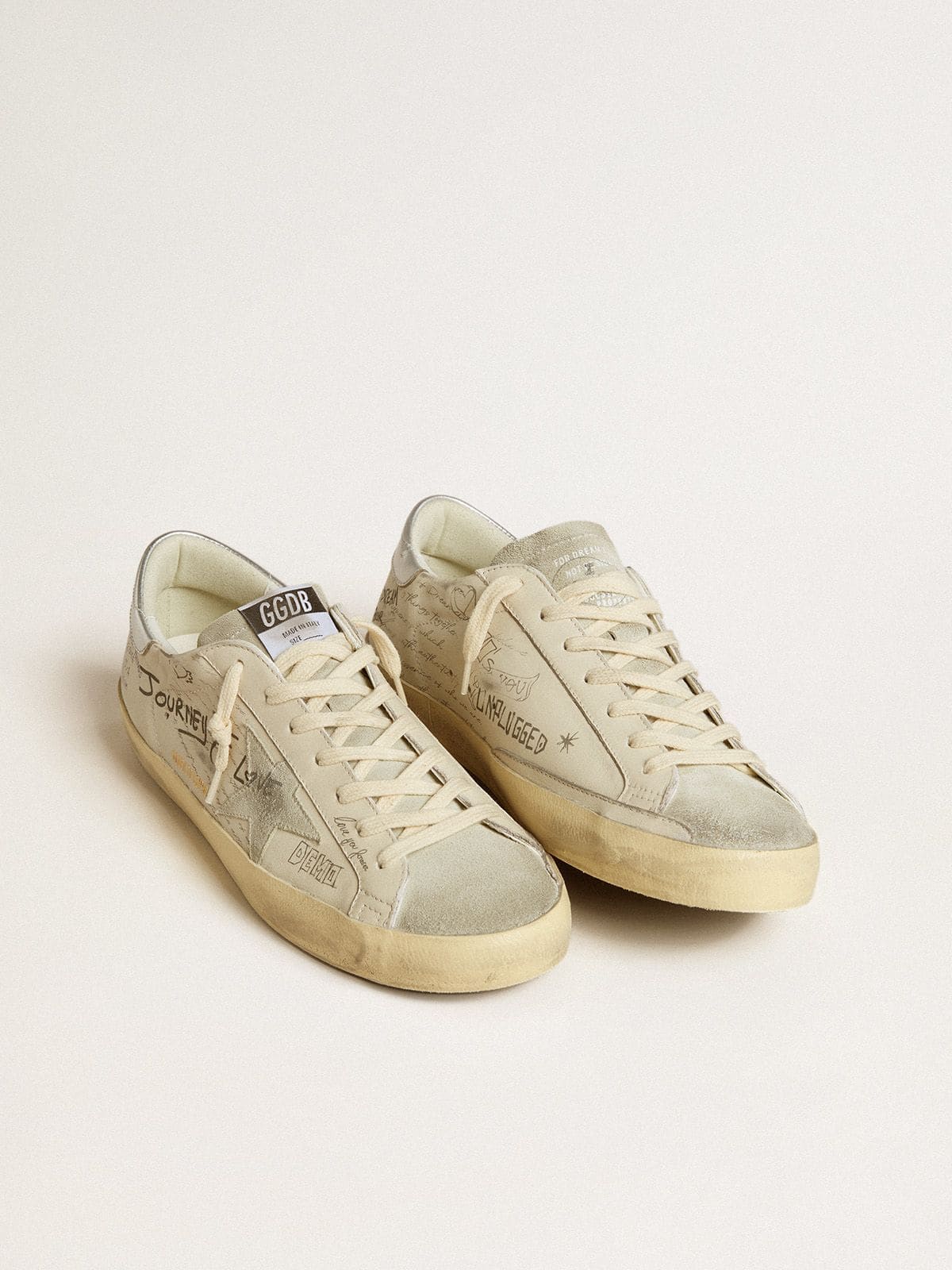 Men | Super-Star White Leather with All-Over Lettering & Ice-Gray Suede Star | White x Ice x Silver - Image 5