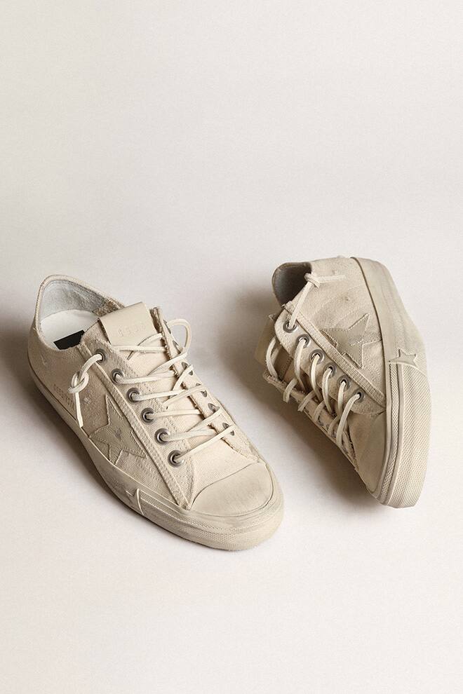 Men | V-Star Sneakers Light Cream Canvas with Milk-White Leather Star | Creamy White x White - Image 3