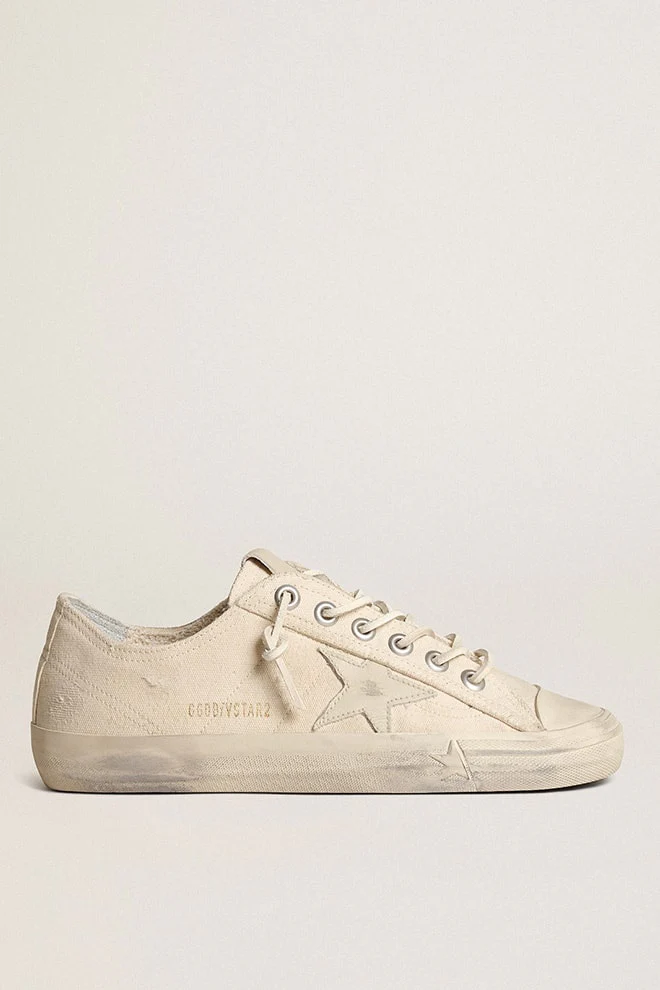 Men | V-Star Sneakers Light Cream Canvas with Milk-White Leather Star | Creamy White x White - Image 4