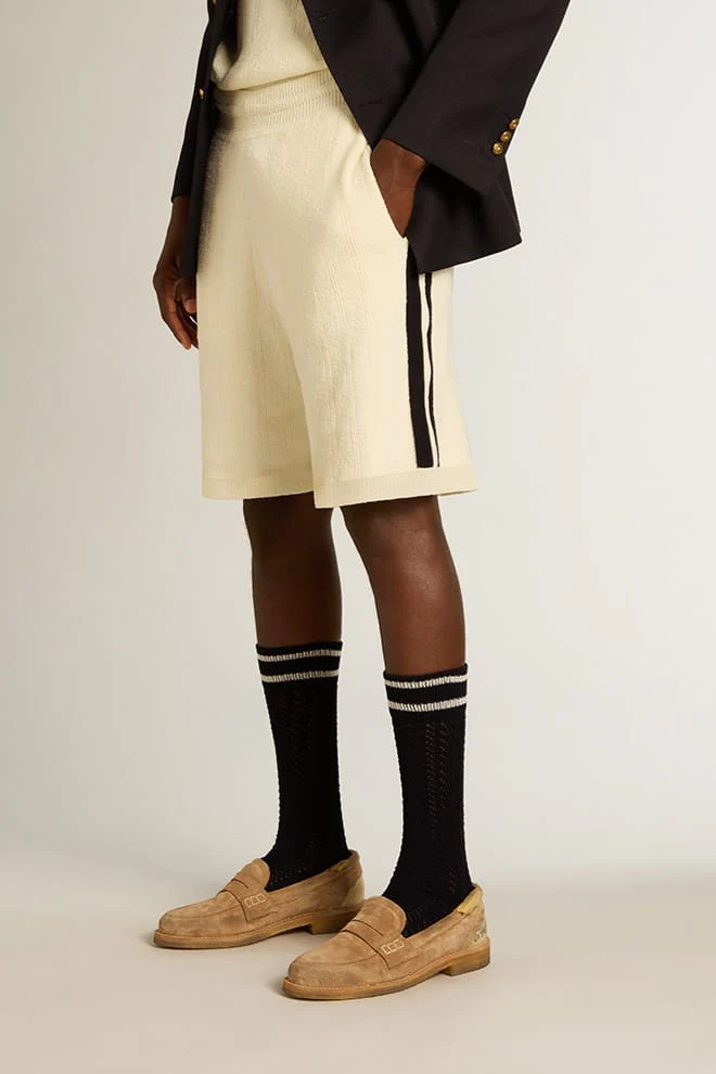 Men | Vintage White Shorts with Blue Rib Knit On The Sides | Antique White x Ink Blue - Image 9