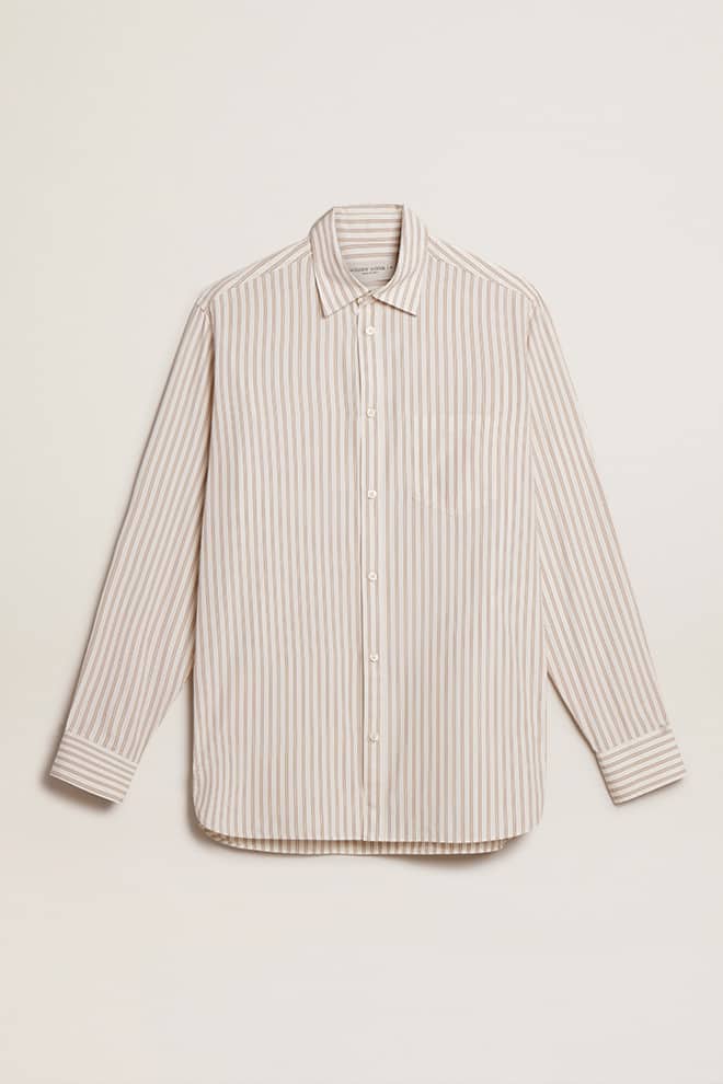 Men | White Cotton Shirt with Beige Stripes | Arctic Wolf x Travertine - Image 10