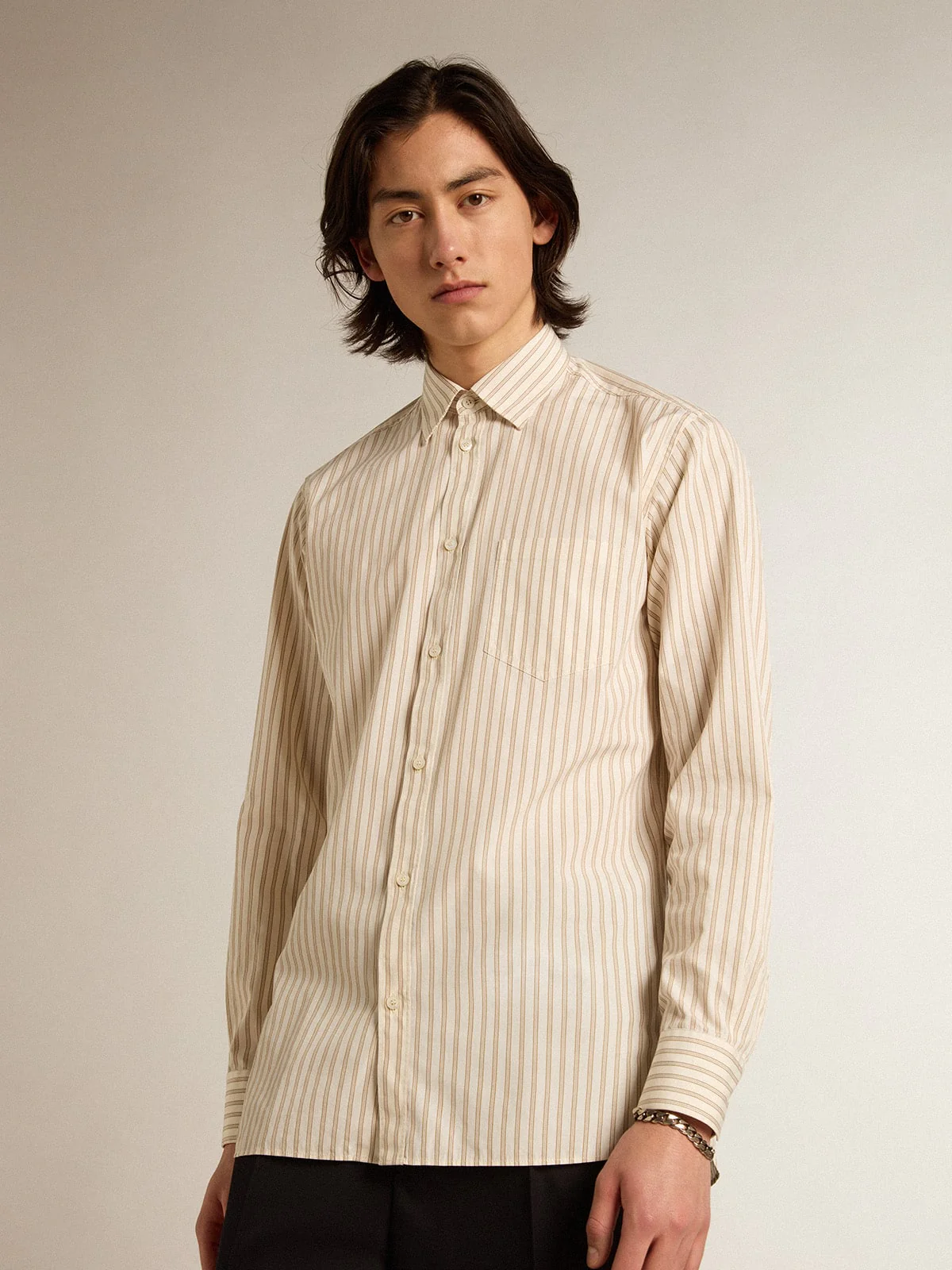 Men | White Cotton Shirt with Beige Stripes | Arctic Wolf x Travertine - Image 2