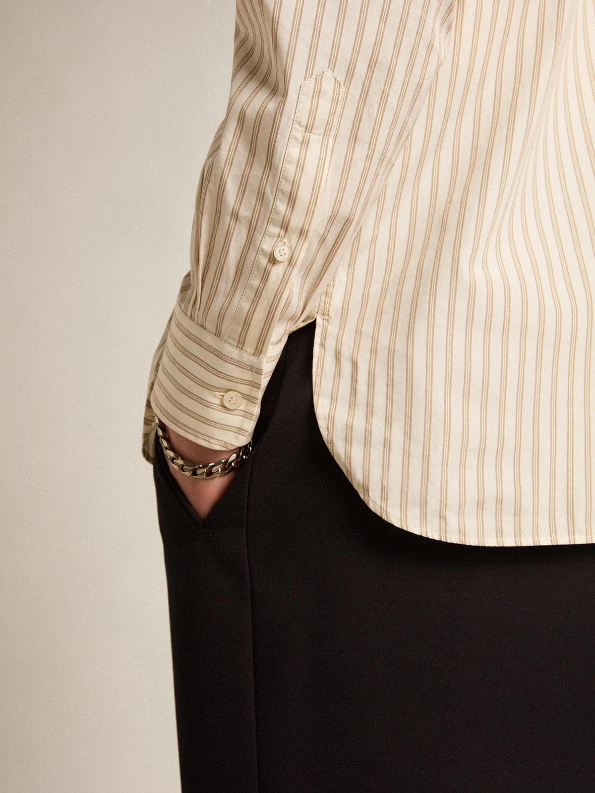 Men | White Cotton Shirt with Beige Stripes | Arctic Wolf x Travertine - Image 5