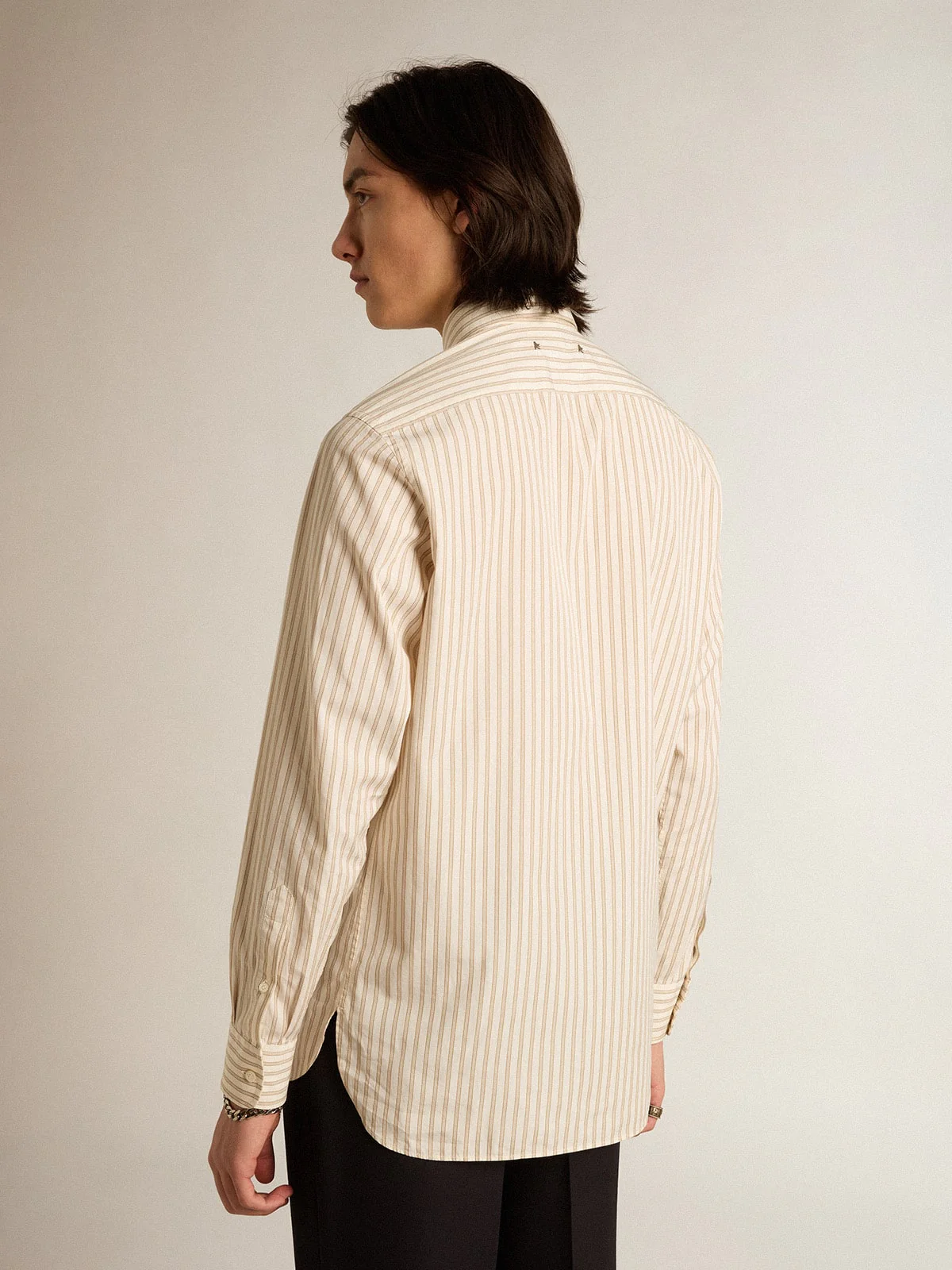 Men | White Cotton Shirt with Beige Stripes | Arctic Wolf x Travertine - Image 9