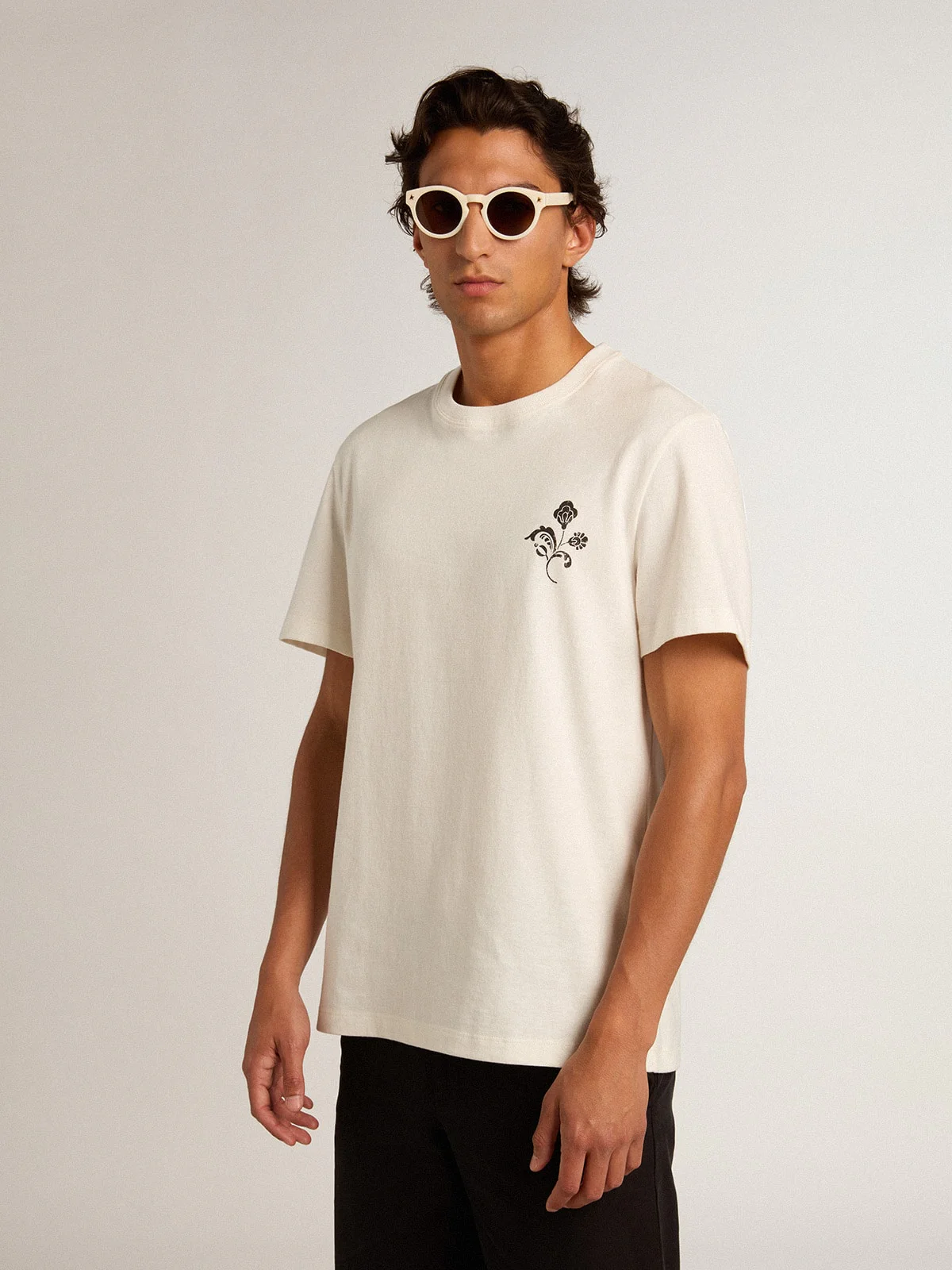 Men | White Cotton T-Shirt with Flower Print On The Front | Vintage White x Black - Image 10
