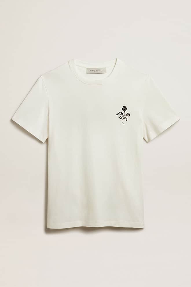 Men | White Cotton T-Shirt with Flower Print On The Front | Vintage White x Black - Image 6