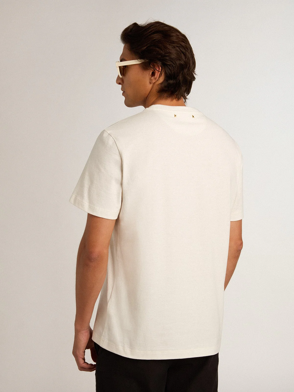 Men | White Cotton T-Shirt with Flower Print On The Front | Vintage White x Black - Image 7