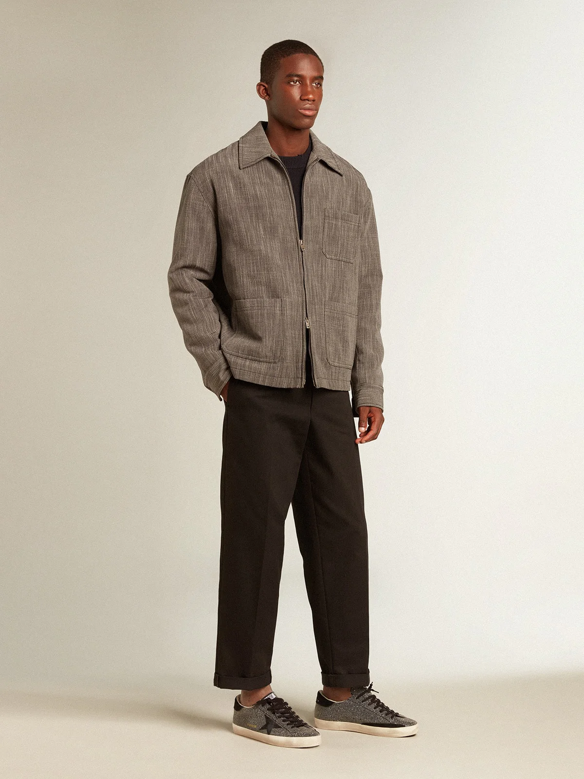 Men | Wool Blend Coach Jacket | Grey x White - Image 8
