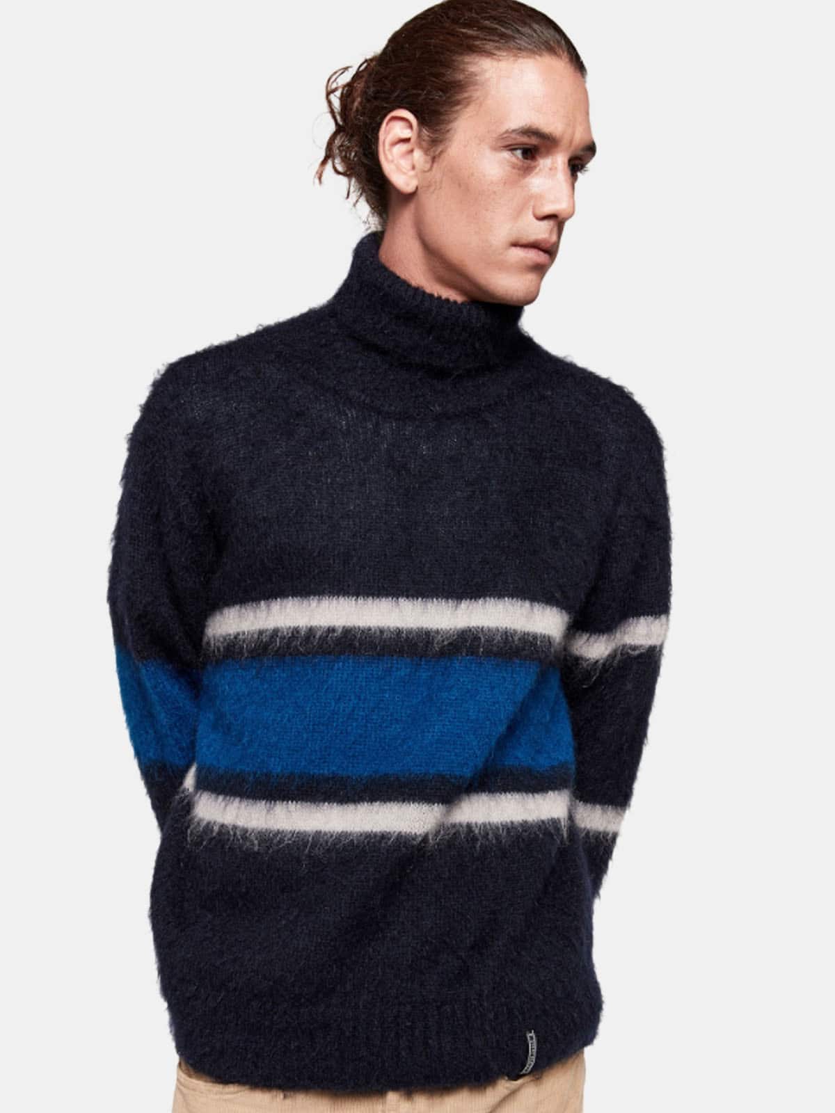 Men | Yoshiro Turtleneck Sweater Teaselled Wool with Striped Pattern - Image 2