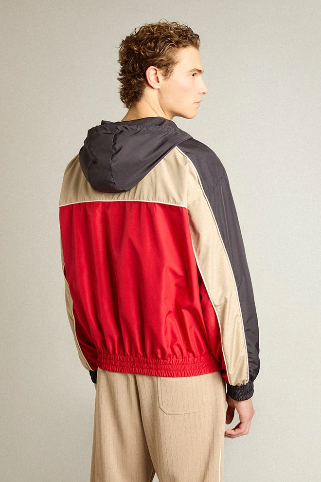 Men | Zipped Windbreaker with Contrast Fabrics Red & Dark Blue | Savvy Red x Dark Blue x Pale Khaki - Image 3
