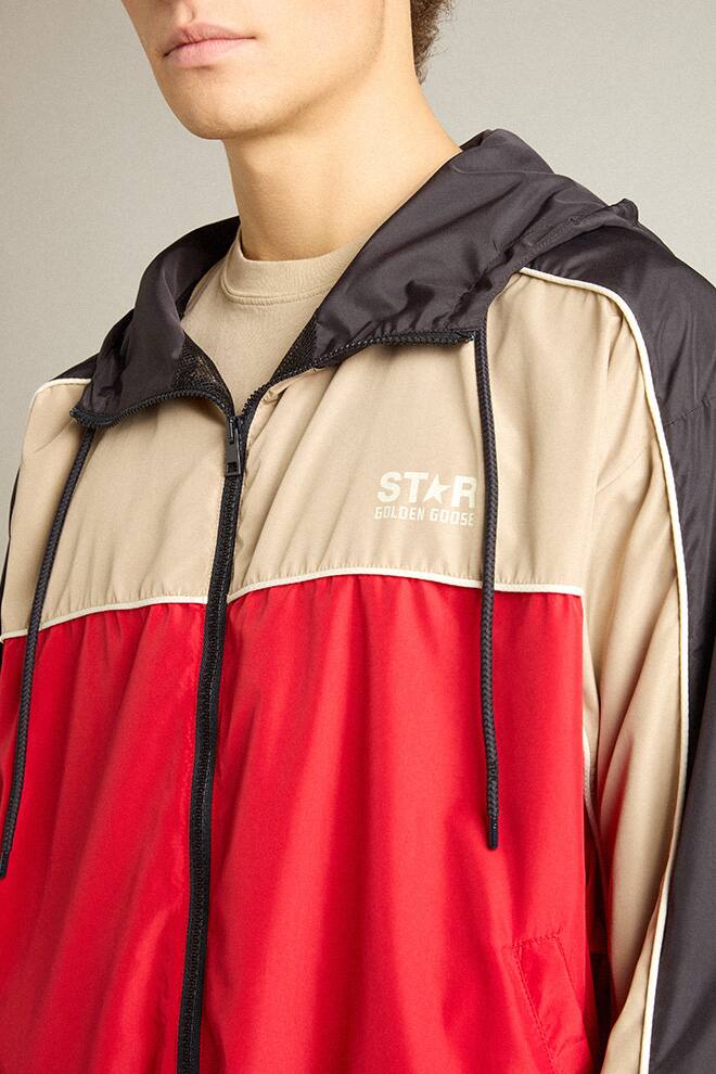 Men | Zipped Windbreaker with Contrast Fabrics Red & Dark Blue | Savvy Red x Dark Blue x Pale Khaki - Image 5