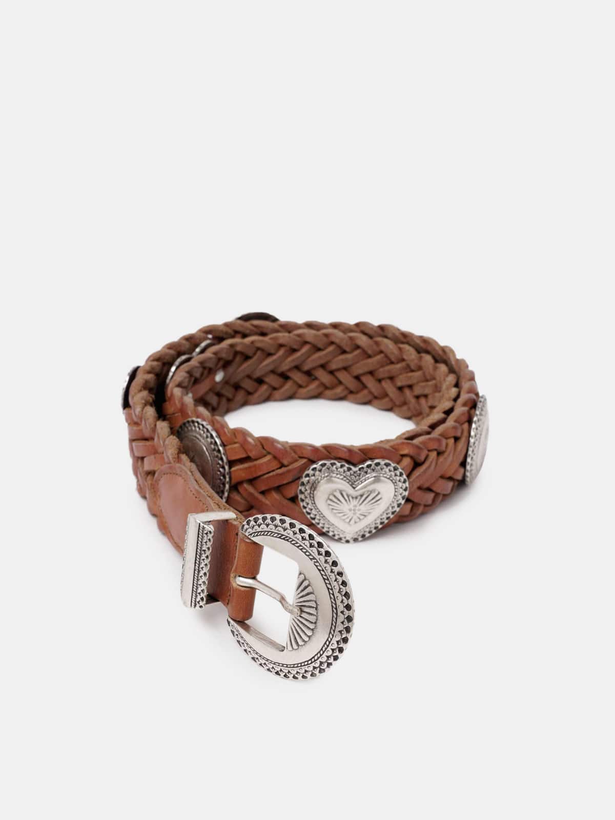 Unisex | Tan Hearts Belt Made Of Braided Leather with Heart-Shaped Studs - Image 2