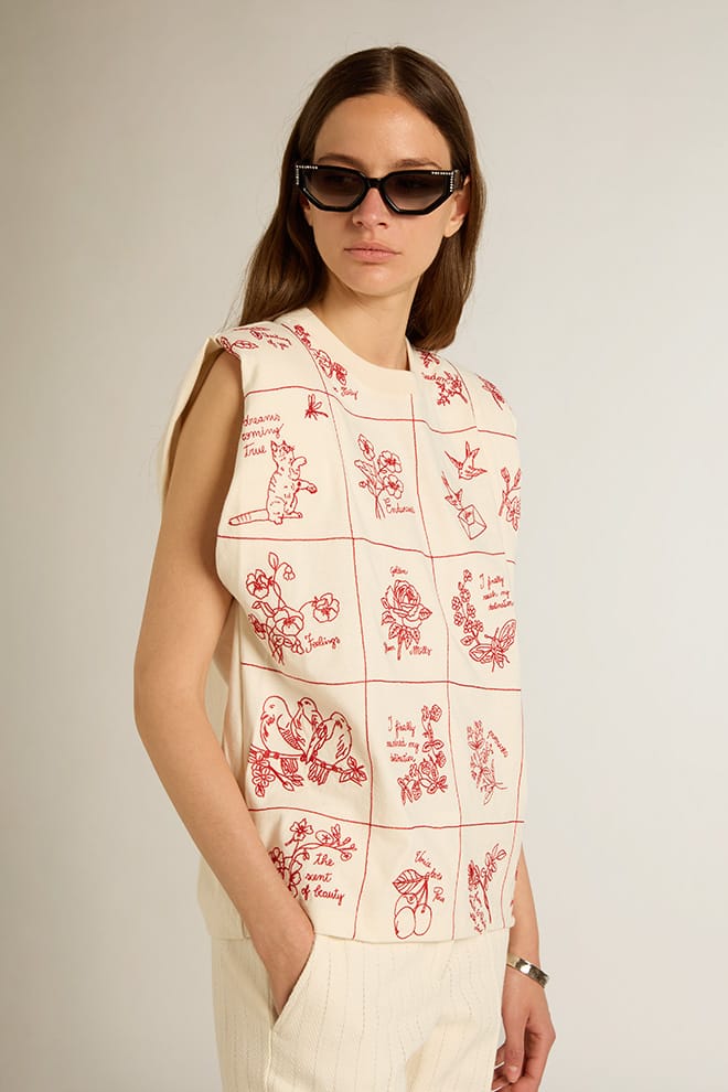 Women | Aged White Sleeveless T-Shirt with Red Embroidery On The Front | Heritage White x Dark Red - Image 6