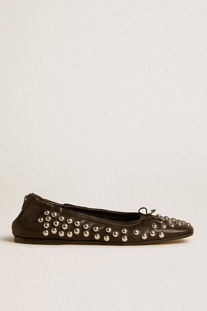 Women | Amy Ballet Flats Black Nappa Leather with Silver Colored Studs | Black x Silver - Image 10