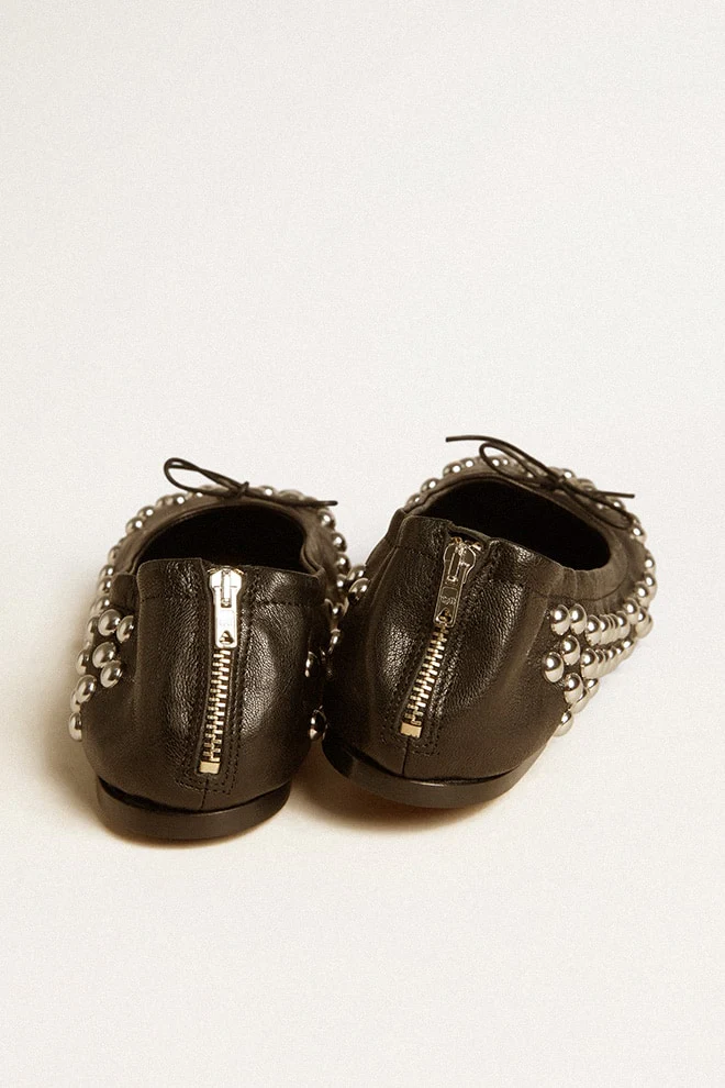 Women | Amy Ballet Flats Black Nappa Leather with Silver Colored Studs | Black x Silver - Image 6