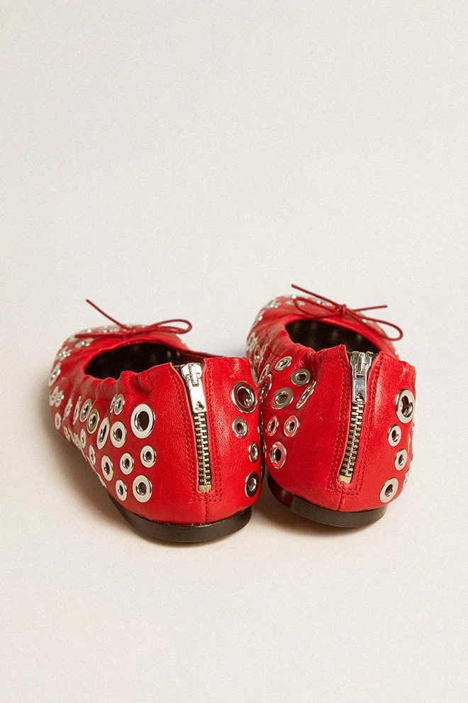 Women | Amy Ballet Flats Red Nappa Leather with Silver Colored Studs | Lipstick Red - Image 2