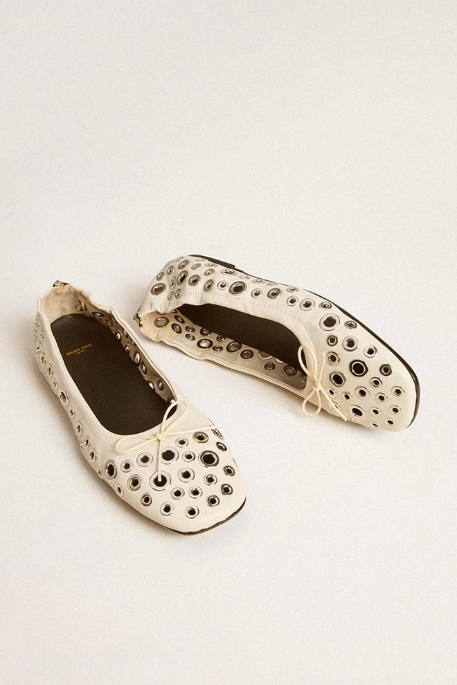Women | Amy Ballet Flats White Nappa Leather with Silver Colored Studs | Butter - Image 8