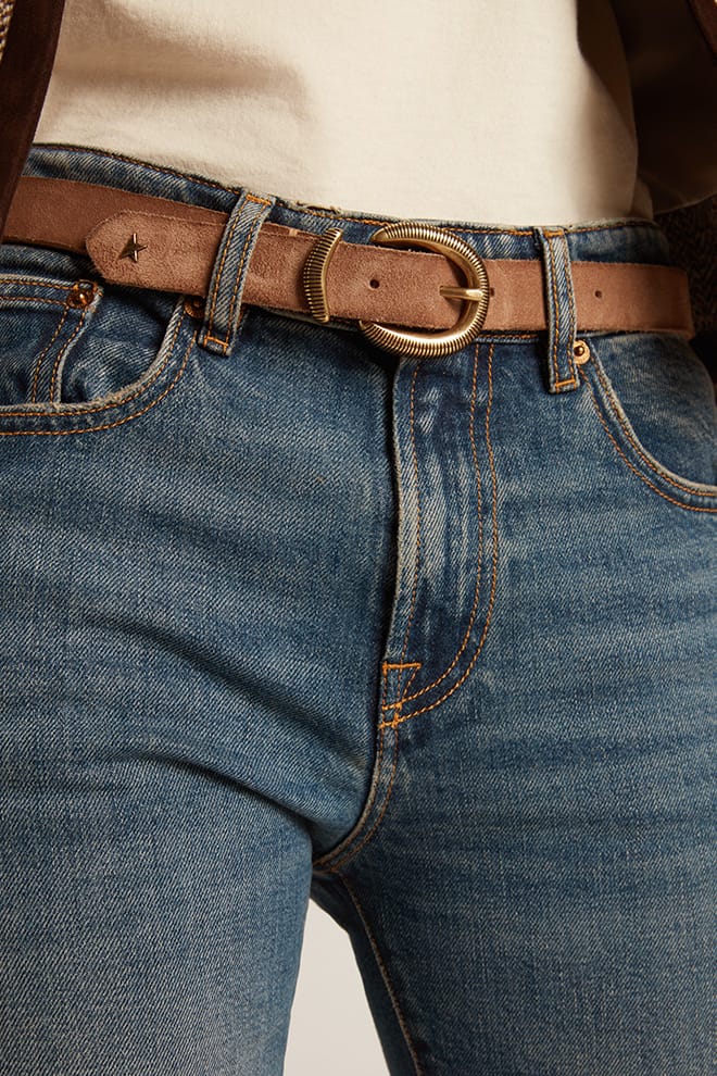 Women | Ash-Colored Nubuck Leather Belt with Gold Buckle | Ash - Image 8