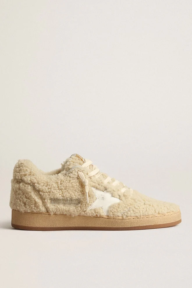 Women | Ball Star Beige Shearling with White Leather Star | Beige x White - Image 3