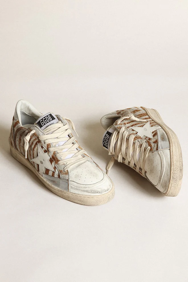 Women | Ball Star Beige White Stripes with White Star & Silver Heel Tab | Beige White x White x Silver - Image 2