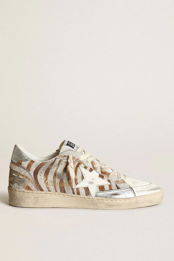 Women | Ball Star Beige White Stripes with White Star & Silver Heel Tab | Beige White x White x Silver - Image 5