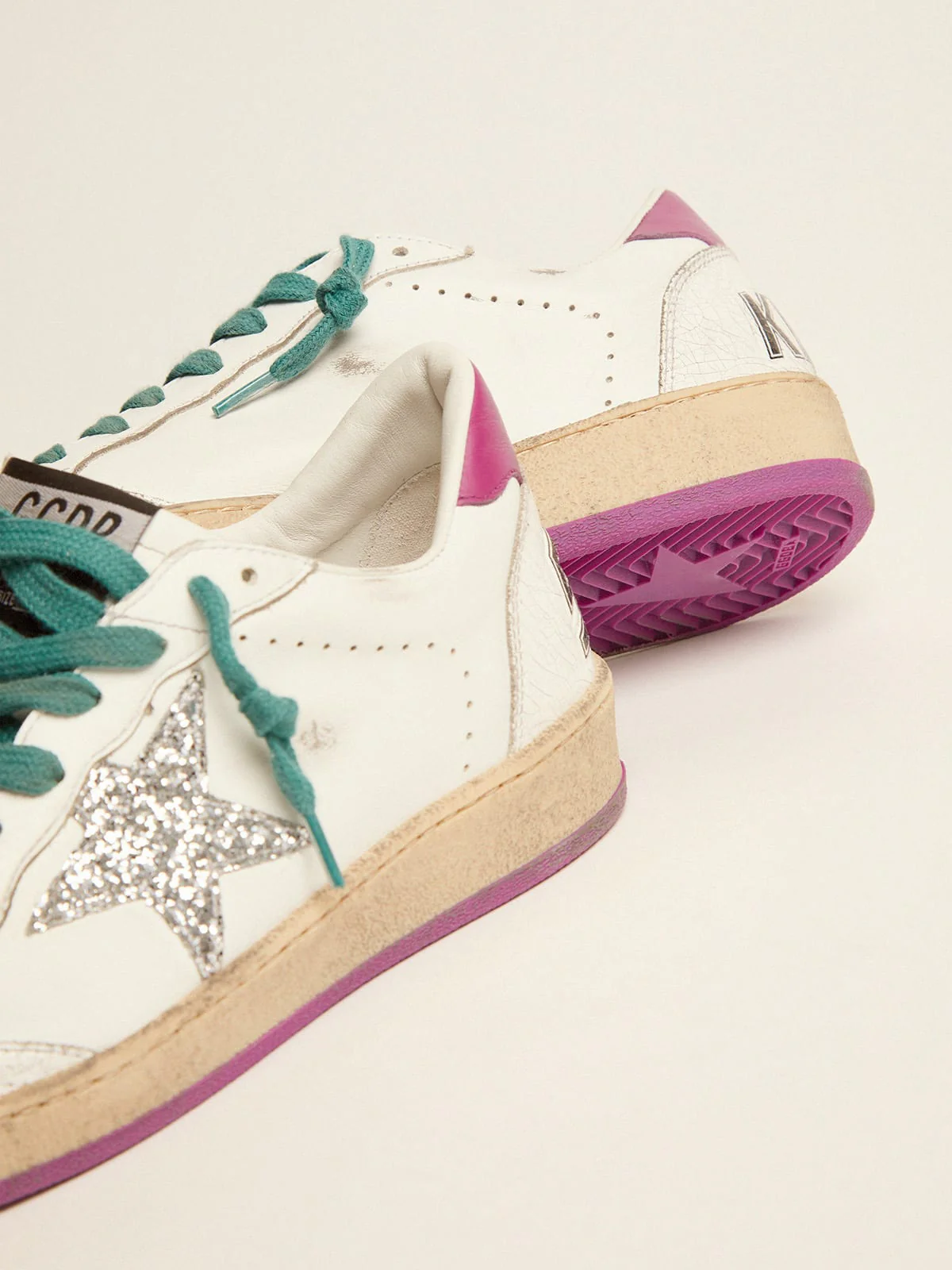 Women | Ball Star Ltd Sneakers Leather with Purple Heel Tab & Silver Star | White x Silver x Wood Violet - Image 6
