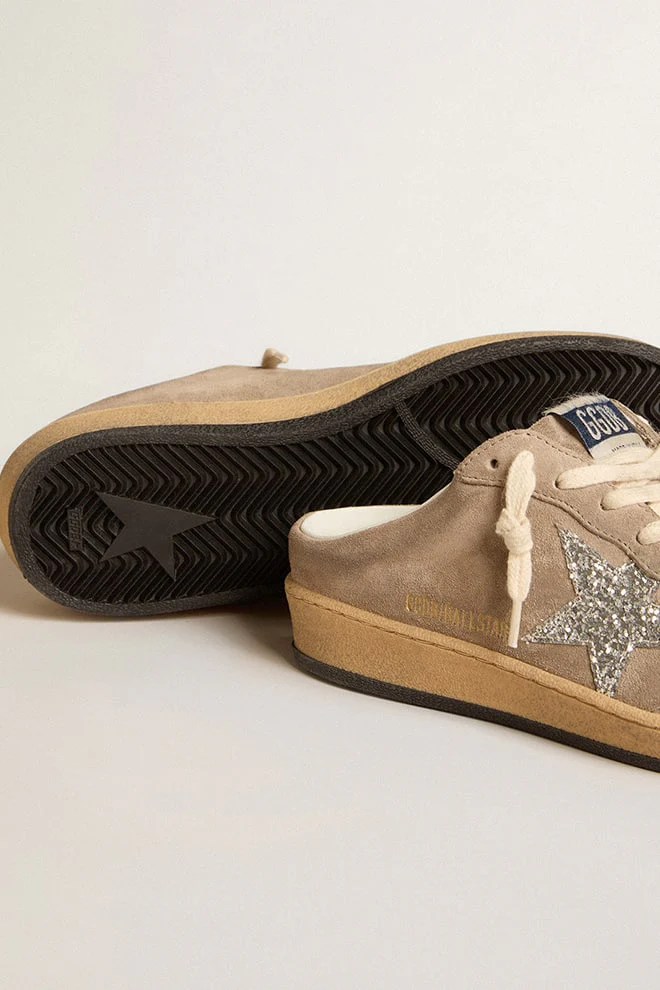 Women | Ball Star Sabots Dove-Gray Suede with Silver Glitter Star | Taupe x Silver - Image 6