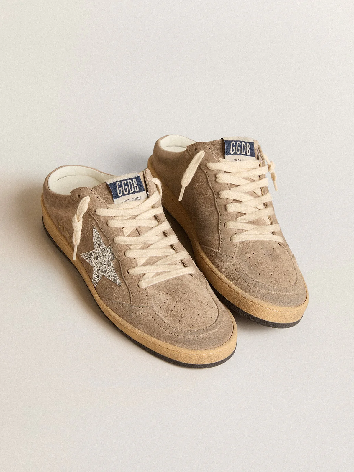 Women | Ball Star Sabots Dove-Gray Suede with Silver Glitter Star | Taupe x Silver - Image 7
