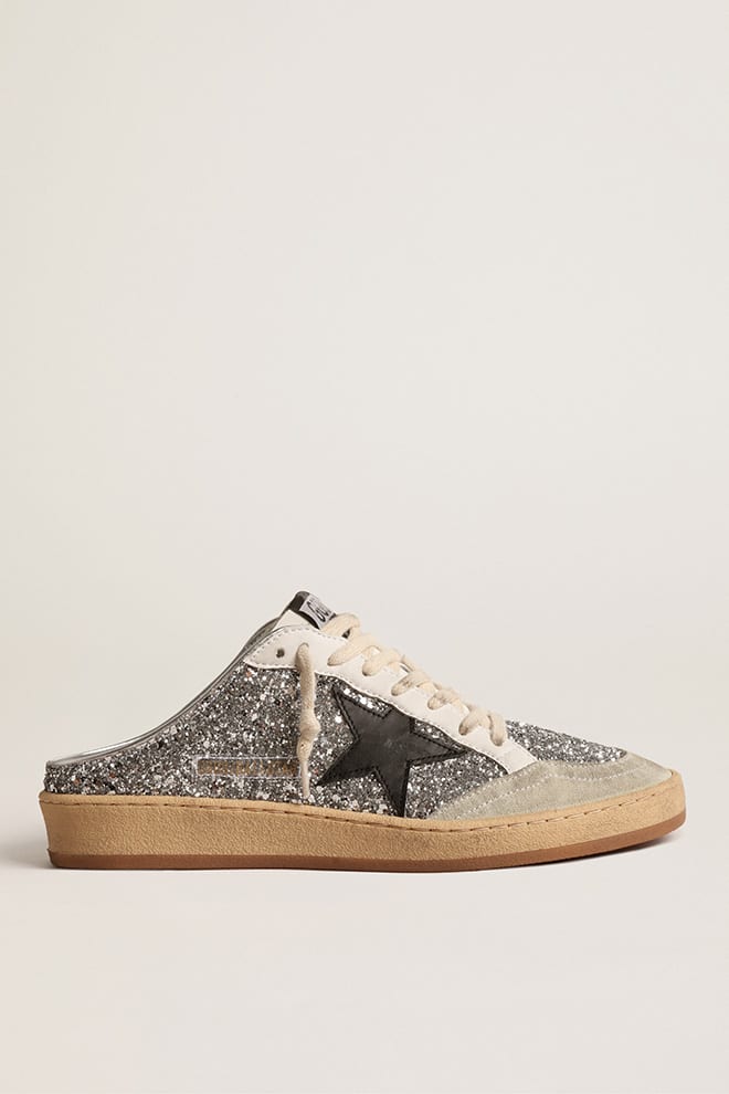 Women | Ball Star Sabots Silver Glitter with Black Leather Star | Silver x Ice x Black - Image 4