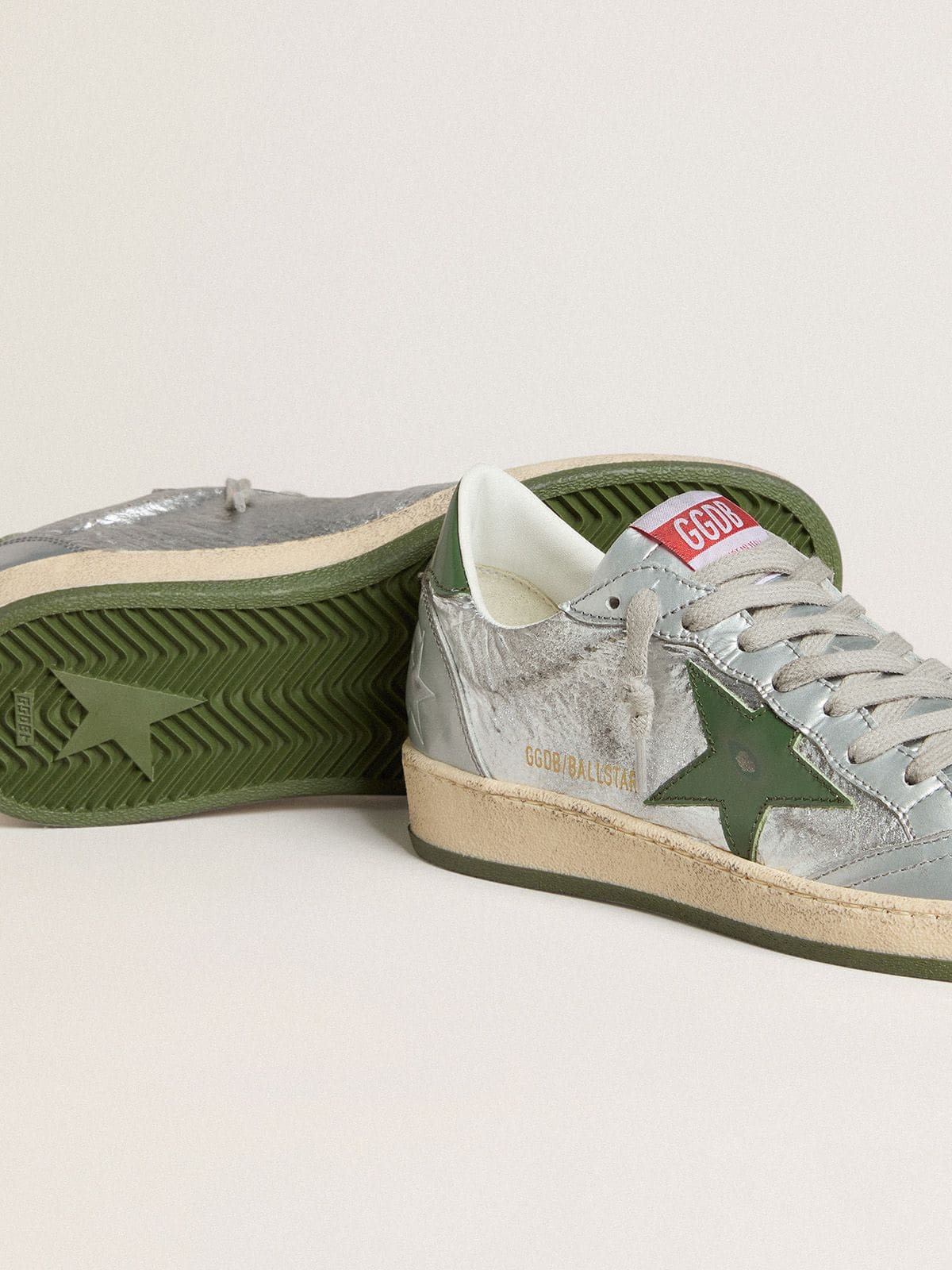 Women | Ball Star Silver Nylon with Green Leather Star & Heel Tab | Silver x Green - Image 2
