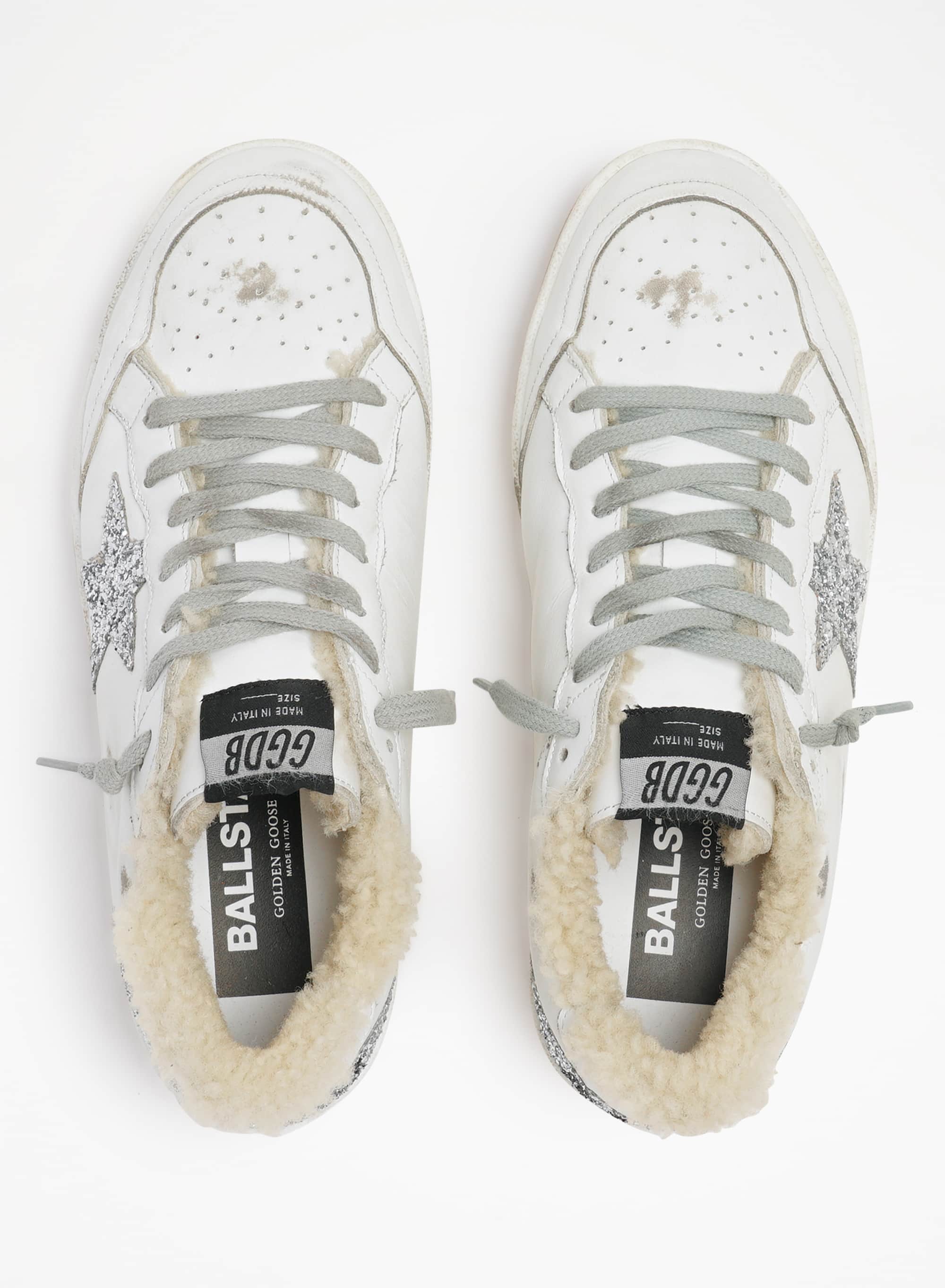 Women | Ball Star Sneakers Leather with Glitter Details & Shearling Lining | White x Silver - Image 9