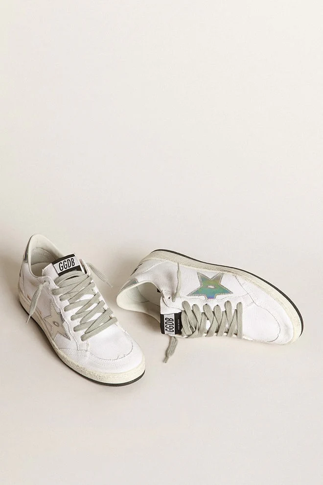 Women | Ball Star Sneakers White Canvas with Iridescent Leather Star & Heel Tab | White x Silver - Image 3