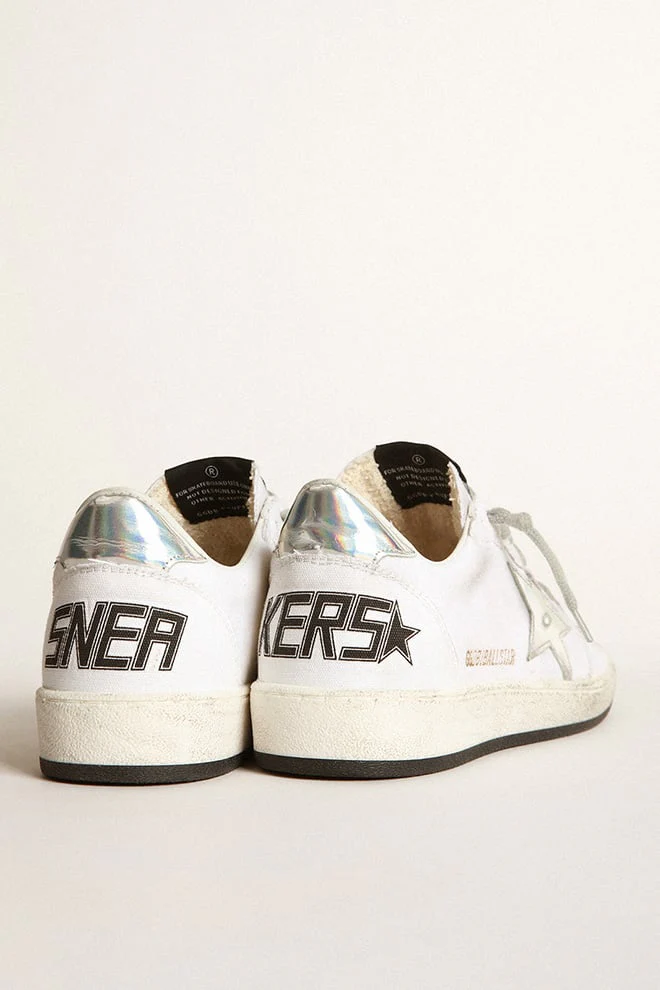 Women | Ball Star Sneakers White Canvas with Iridescent Leather Star & Heel Tab | White x Silver - Image 4