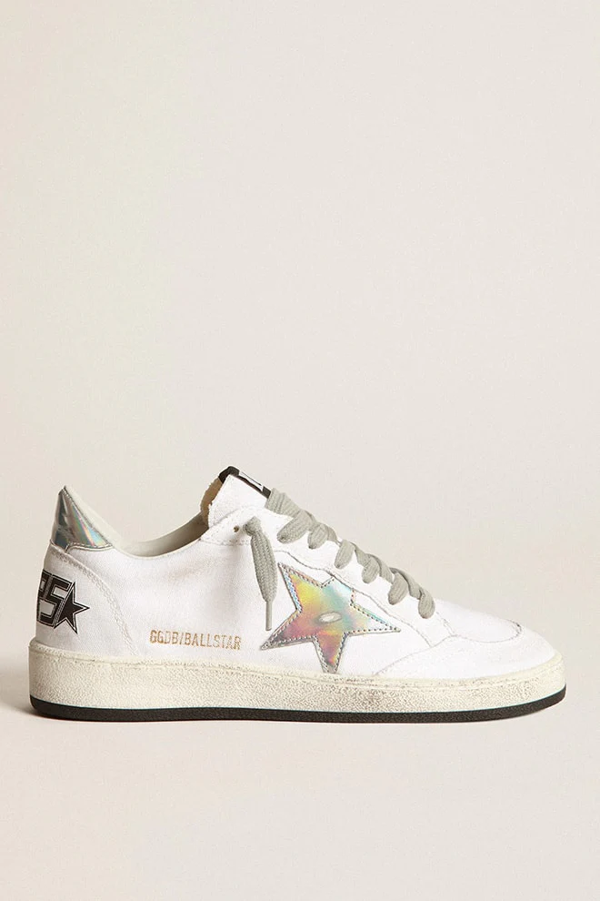 Women | Ball Star Sneakers White Canvas with Iridescent Leather Star & Heel Tab | White x Silver - Image 5
