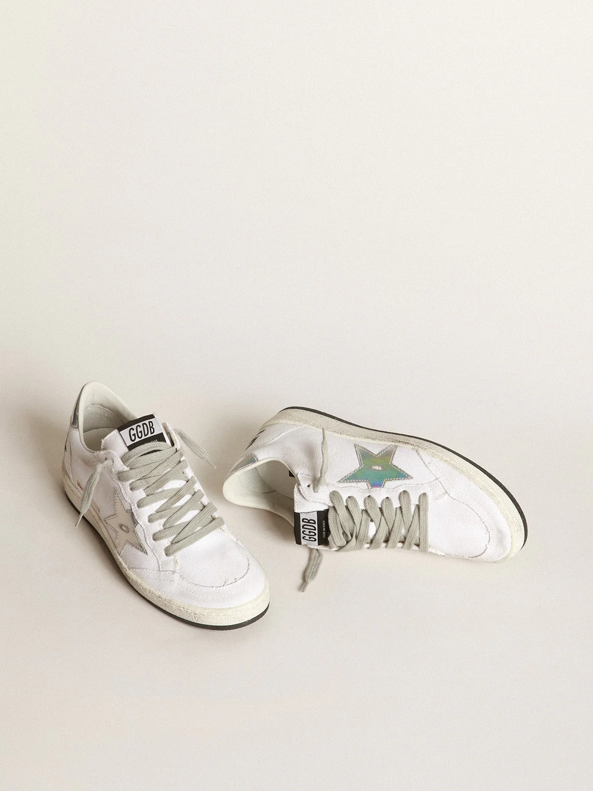 Women | Ball Star Sneakers White Canvas with Iridescent Leather Star & Heel Tab | White x Silver - Image 6