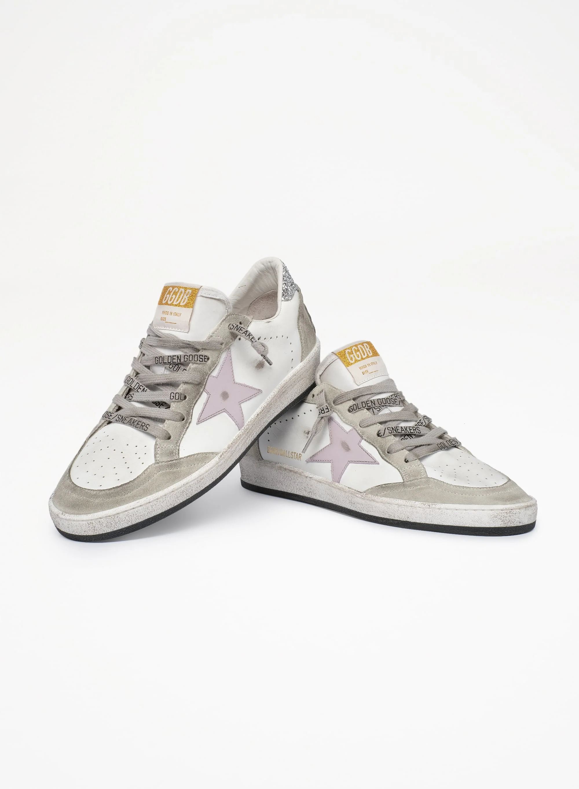 Women | Ball Star Sneakers White Leather with Suede Inserts & Lilac Star | White x Lilac x Oil Green x Silver - Image 2