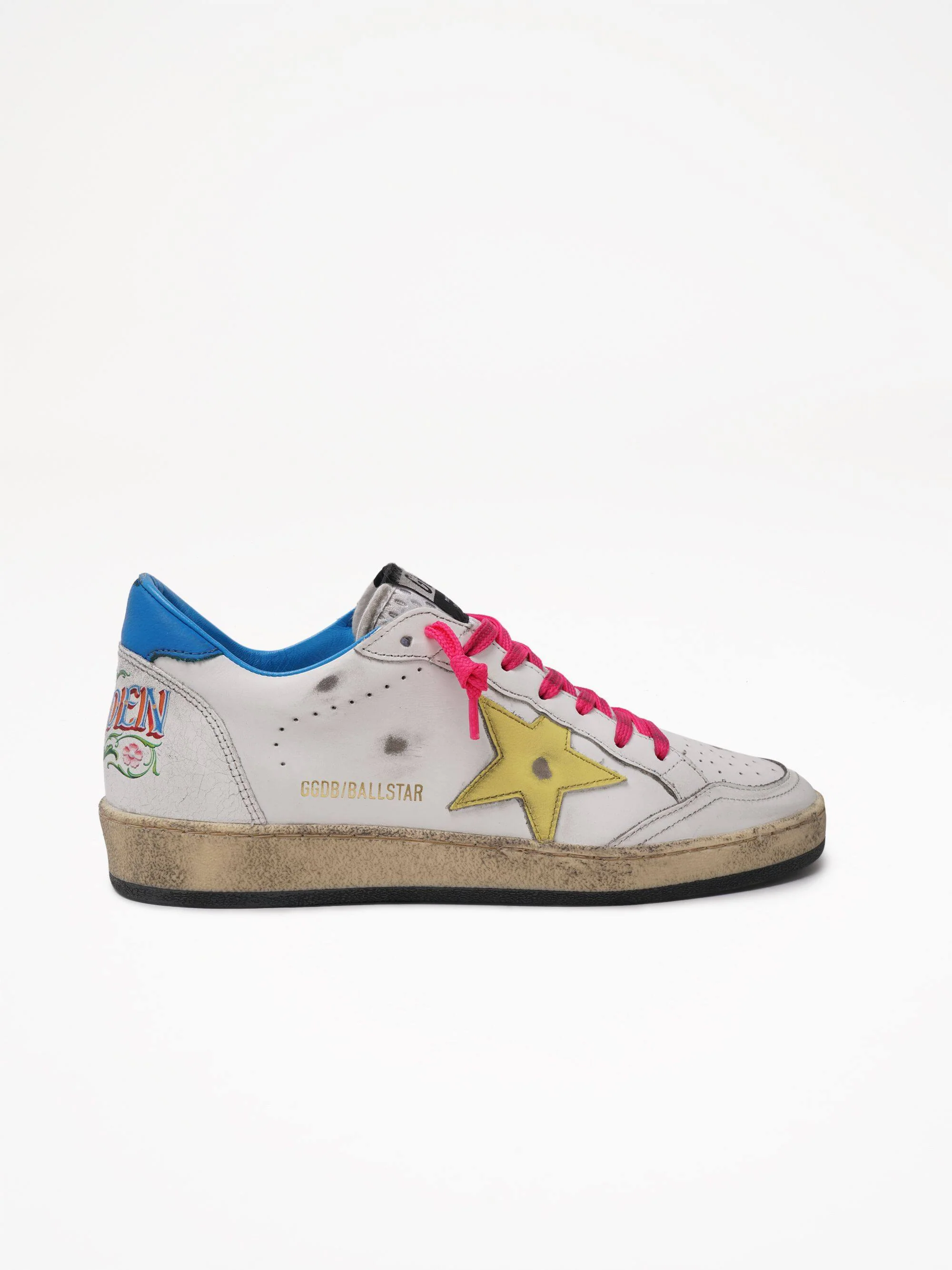 Women | Ball Star Sneakers White Leather with Yellow Star & Blue Heel Tab | White x Yellow x Light Blue - Image 2