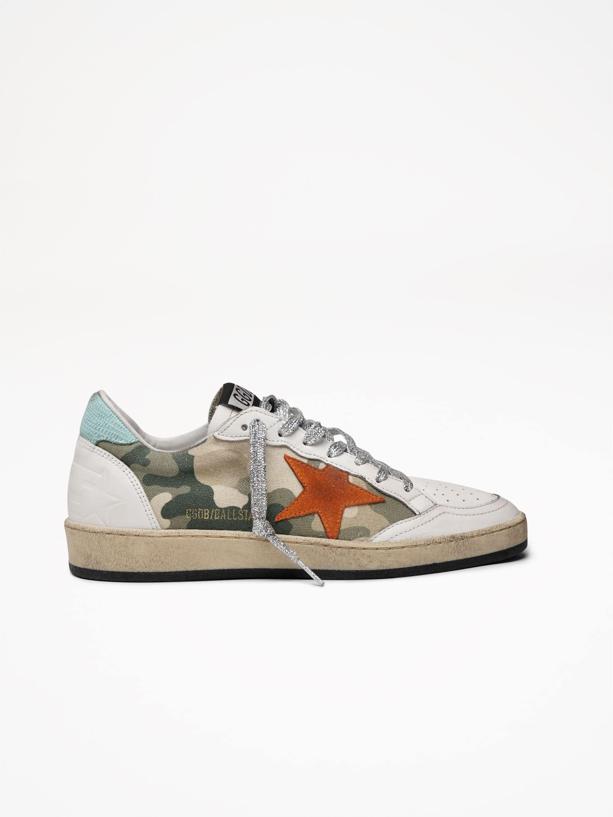 Women | Ball Star White Nappa Leather & Mimetic Print with Orange Suede Star & Turquoise Leather Heel Tab - Image 4