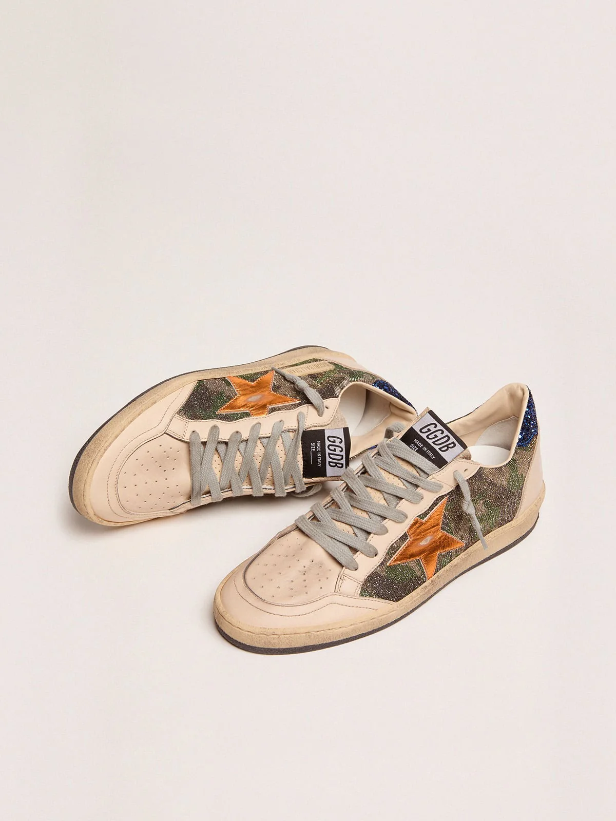 Women | Ball Star White Nappa Leather & Silver Glitter with Metallic Orange Leather Star & Blue Glitter Heel Tab | Green Camouflage x Smoke Gray x Yellow Ochre x Bluette - Image 2