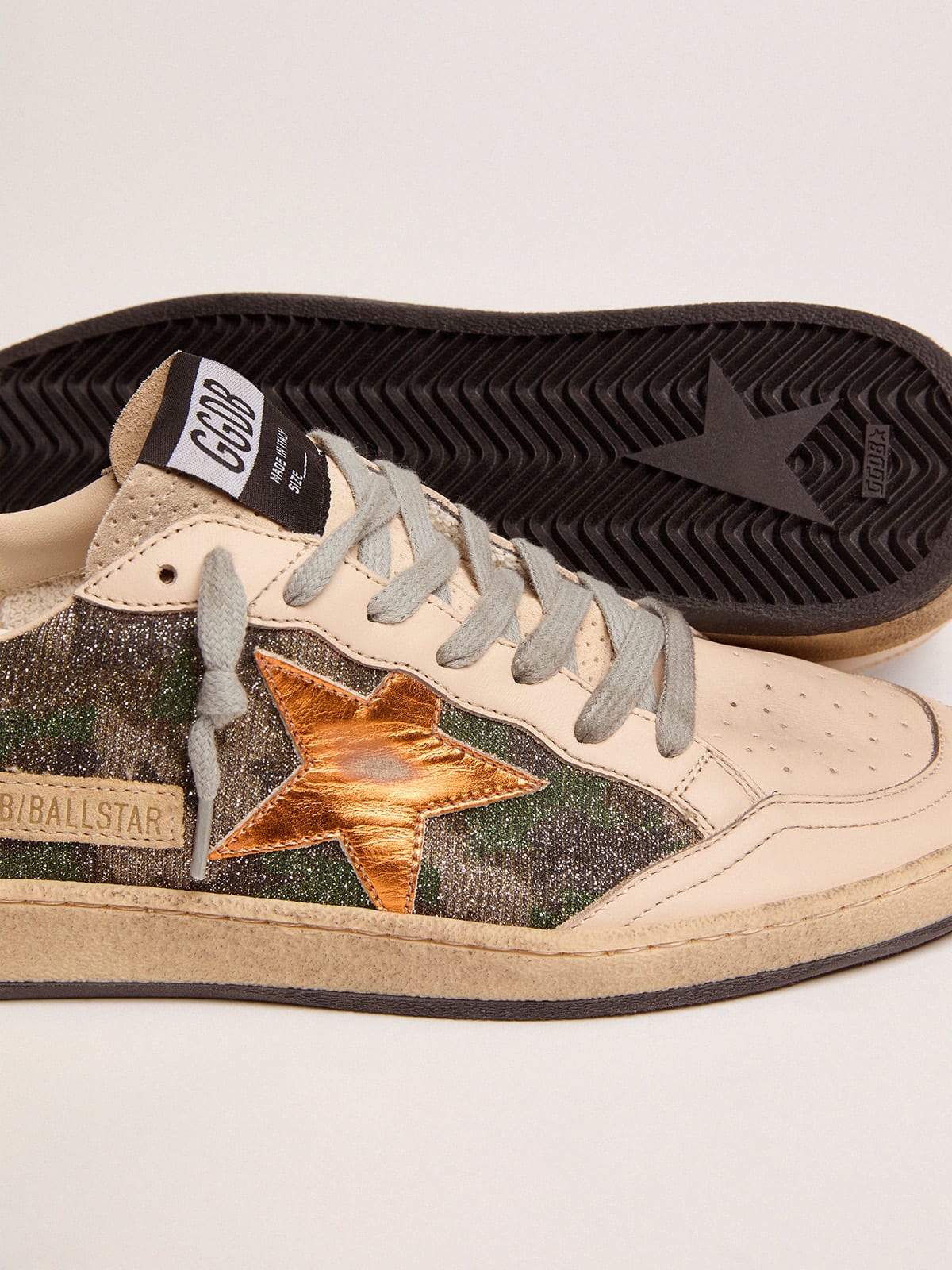 Women | Ball Star White Nappa Leather & Silver Glitter with Metallic Orange Leather Star & Blue Glitter Heel Tab | Green Camouflage x Smoke Gray x Yellow Ochre x Bluette - Image 9