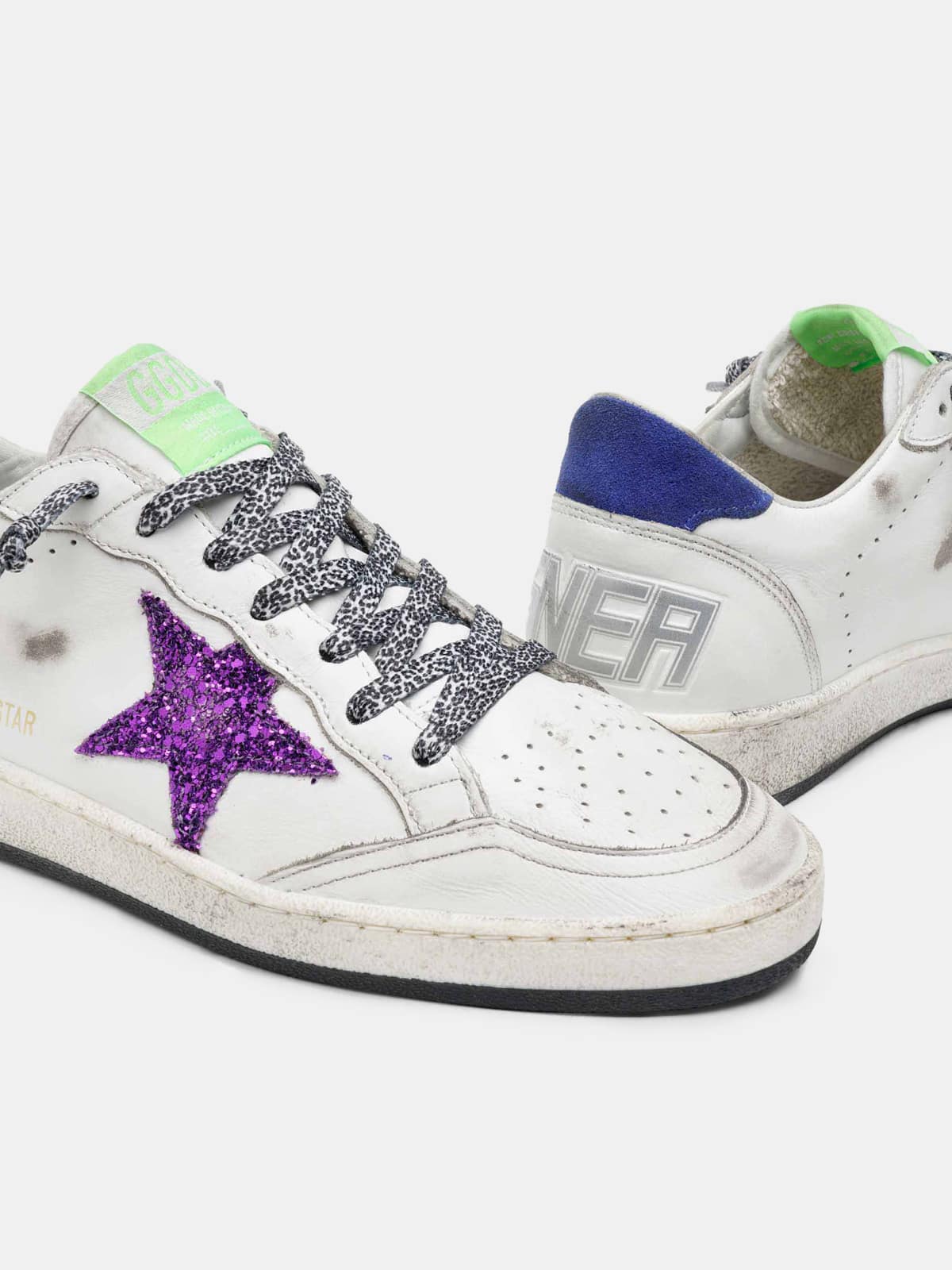 Women | Ball Star White Nappa Leather with Purple Glitter Star & Blue Heel Tab | White x Purple x Blue - Image 4