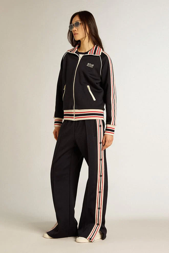 Women | Black Zipped Sweatshirt with Side Strips | Dark Blue x Papyrus - Image 2
