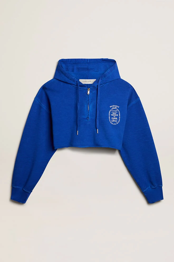 Women | Blue Cropped Sweatshirt with Zip Fastening & Hood | Mazarine Blue x Heritage White - Image 9