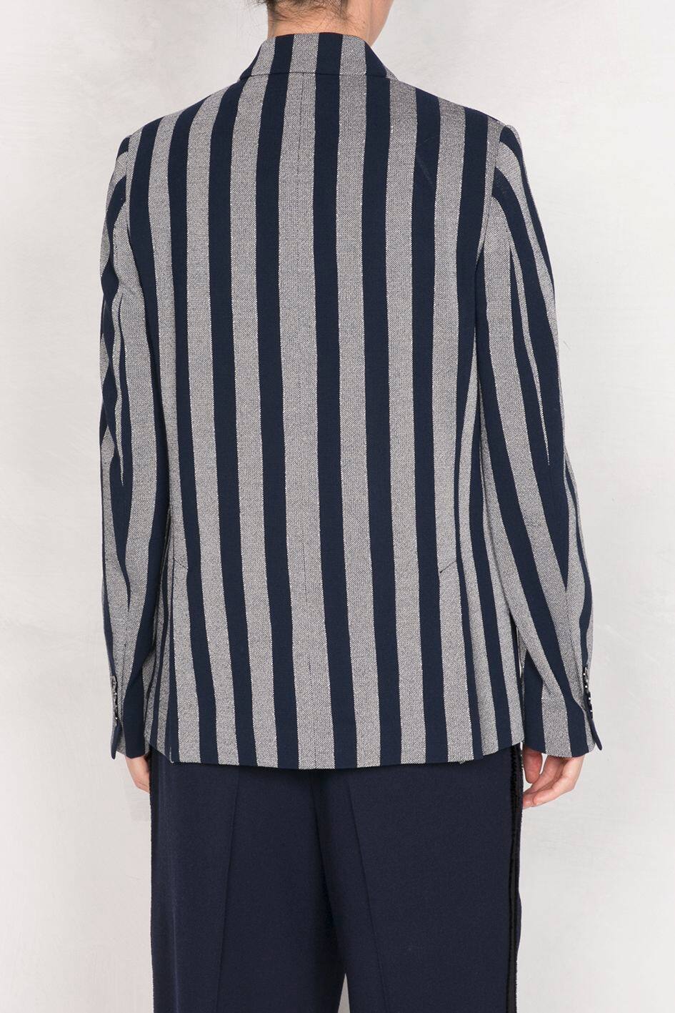 Women | Blue/Grey Striped Double-Breasted Jacket with Sleeve Slit - Image 2