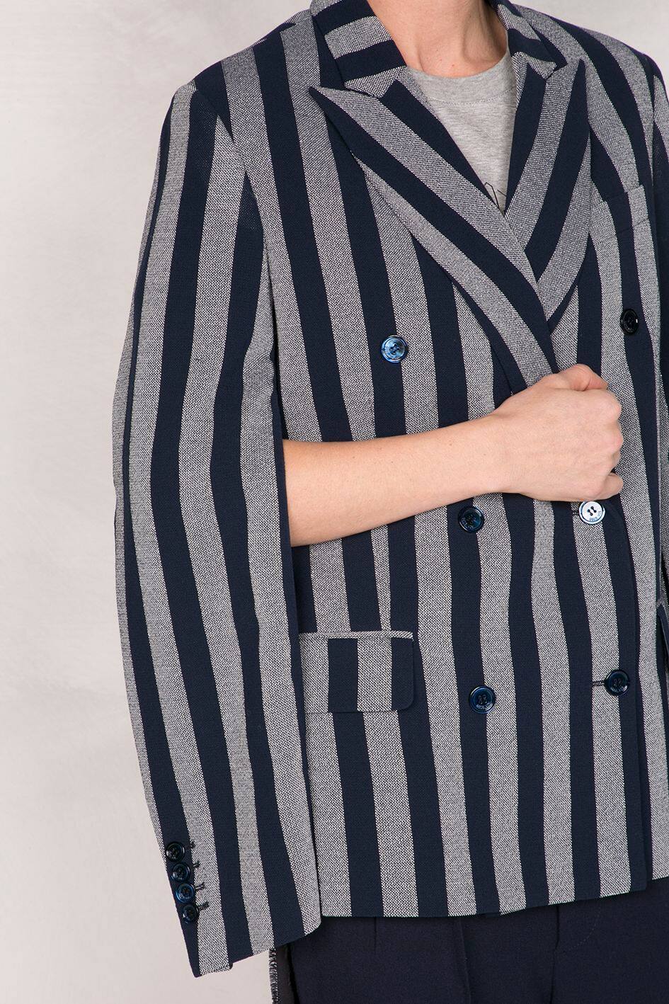 Women | Blue/Grey Striped Double-Breasted Jacket with Sleeve Slit - Image 3