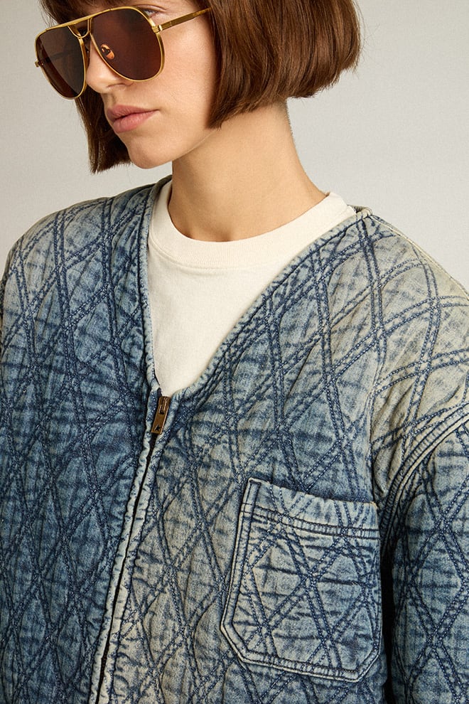 Women | Blue Quilted Jacket Cotton Denim with Distressed Finish | Dark Blue - Image 10