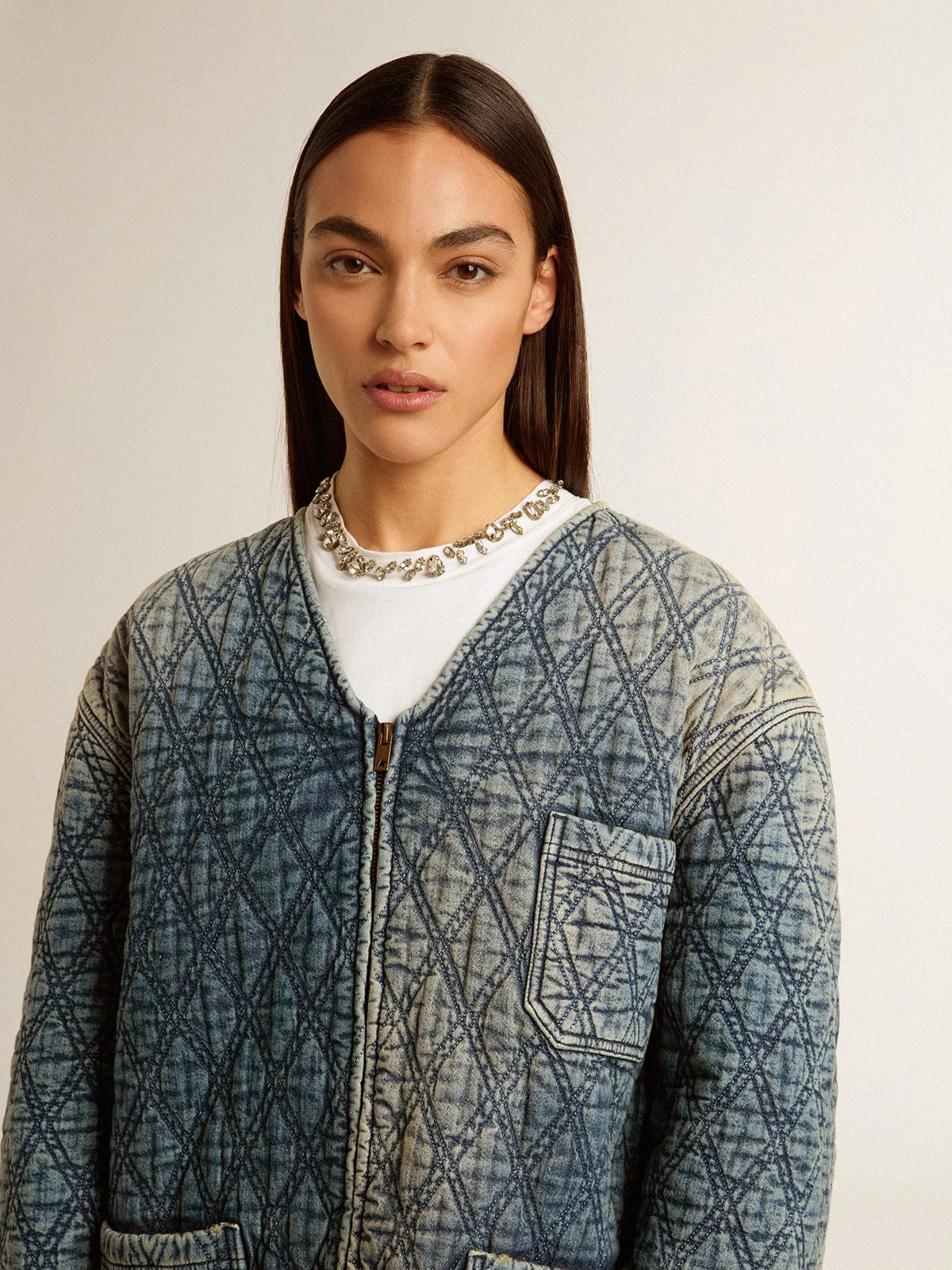 Women | Blue Quilted Jacket Cotton Denim with Distressed Finish | Dark Blue - Image 2