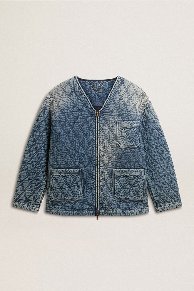 Women | Blue Quilted Jacket Cotton Denim with Distressed Finish | Dark Blue - Image 3